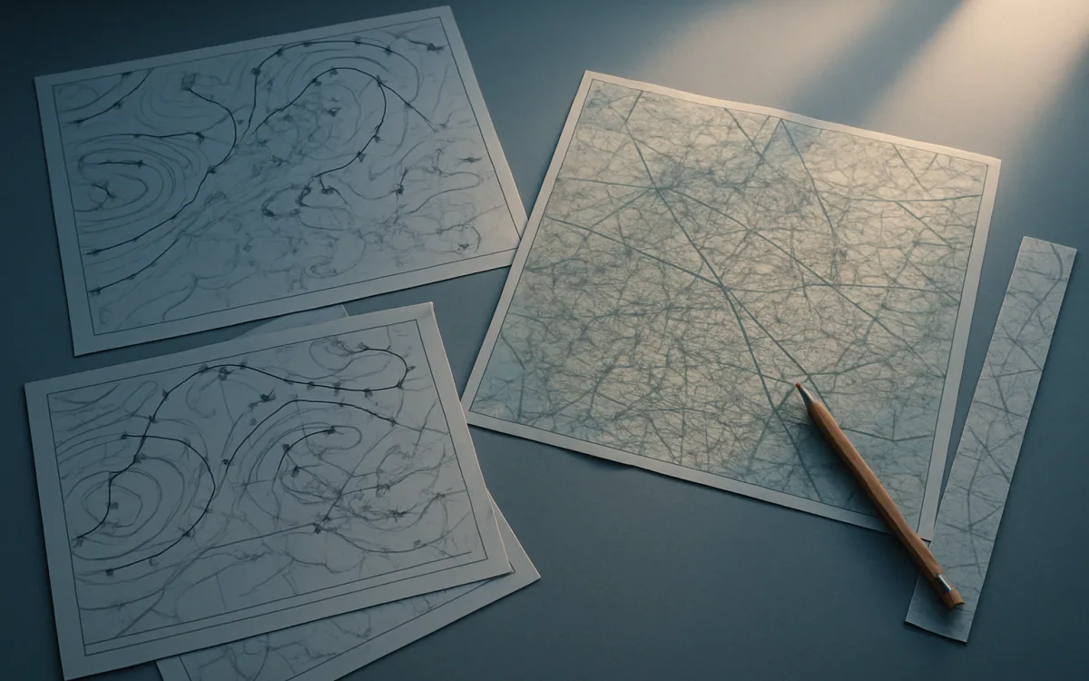 A flight planning desk at dawn, charts and printed reports spread out before departure