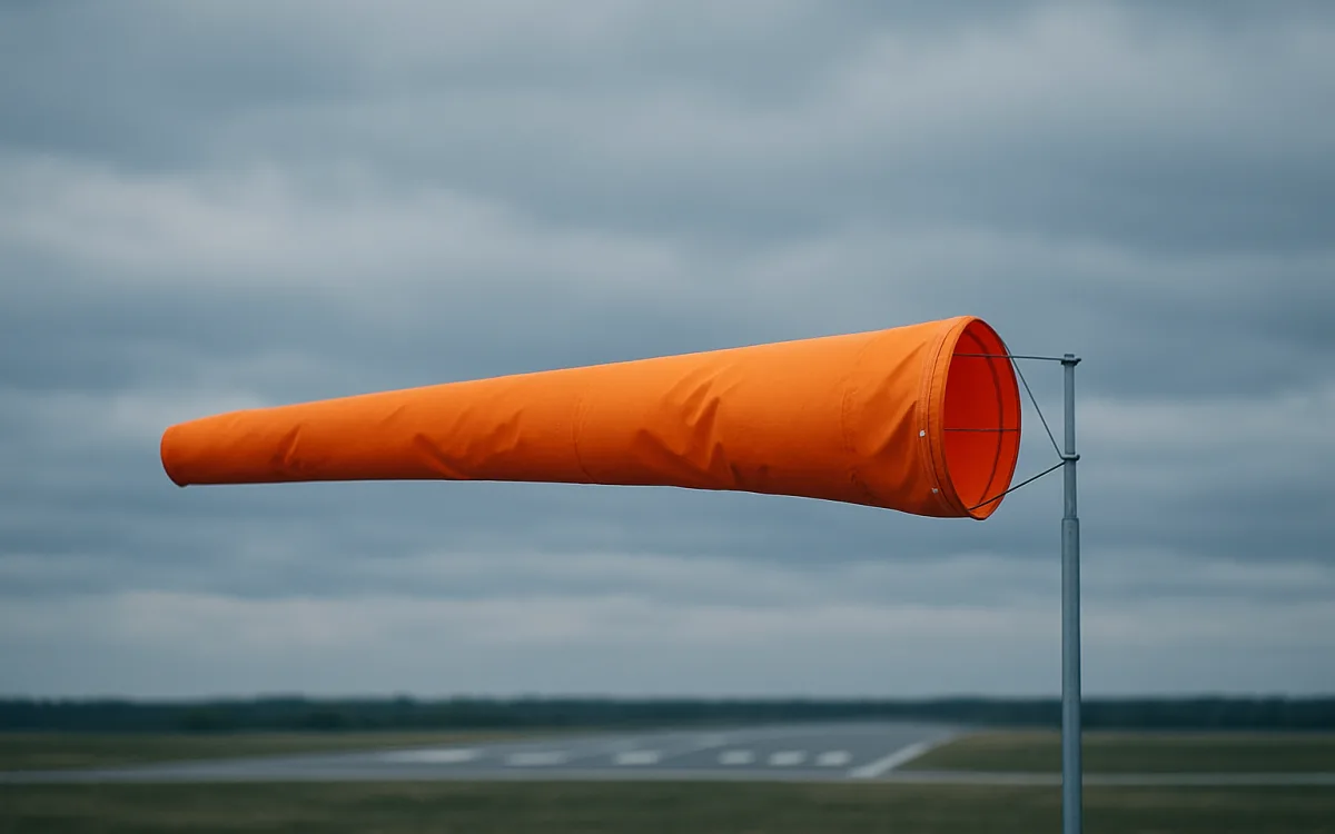 A wind sock and a low cloud base — the two fields a METAR is read for first
