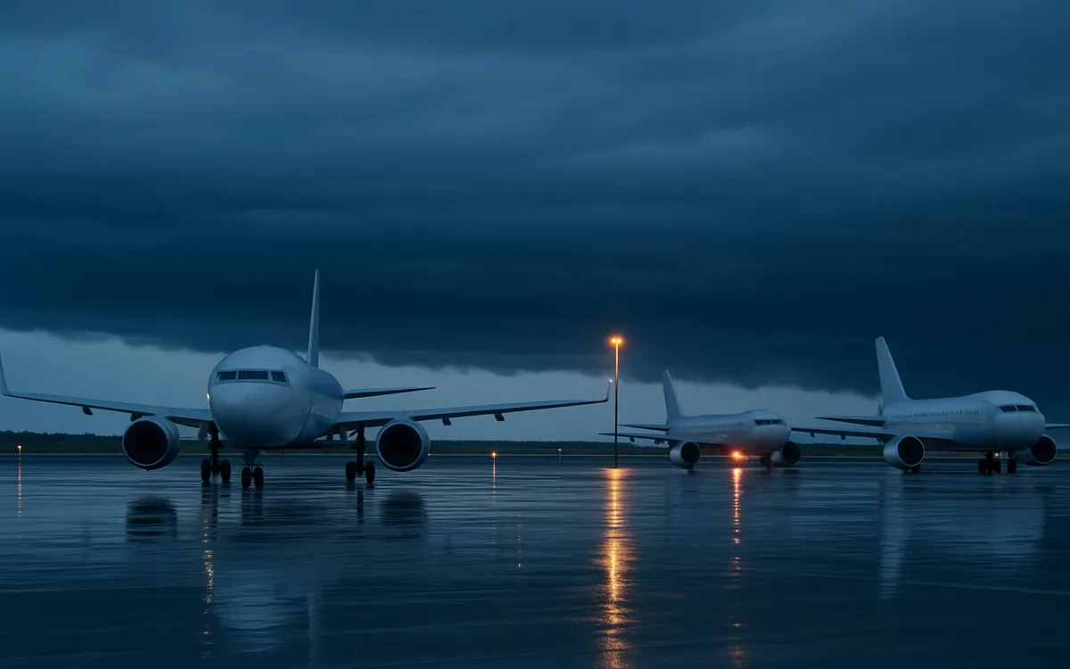 Aircraft holding on a wet apron while a storm line moves across the airfield