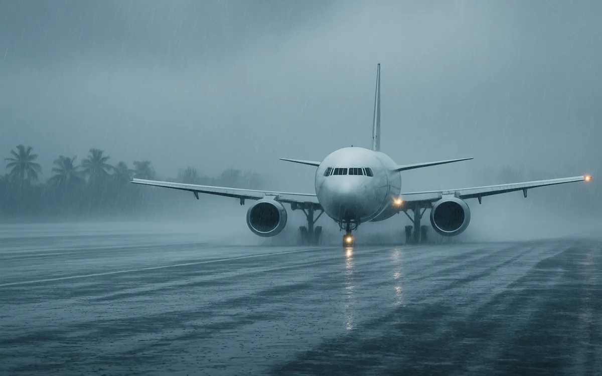 Monsoon rain sweeping across a tropical runway with standing water on the surface