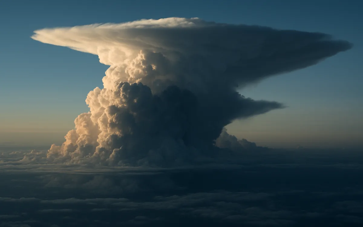 A mature cumulonimbus with a spreading anvil, seen from cruise level