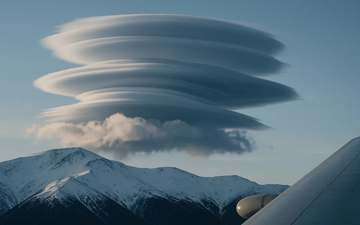 Wave clouds stacked downwind of a mountain ridge — turbulence you can see