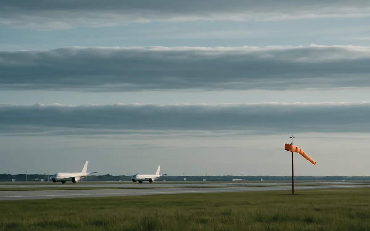 A layered sky above an airfield, each layer marking a different part of the forecast