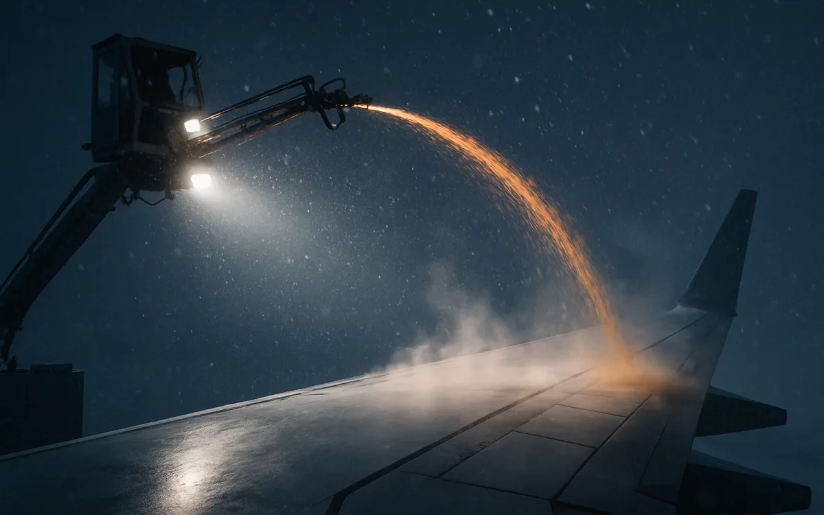 De-icing fluid arcing over a wing in the dark before an early winter departure